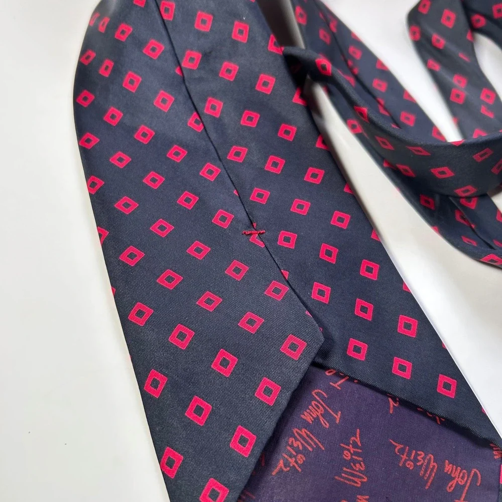 Vintage John Weitz Silk Tie Navy Red Geometric‎ Square Retro Wide 4.5